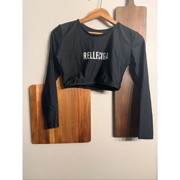 Relleciga Black Long Sleeve Logo Cropped Swim Shirt Rashguard Small - Picture 1 of 4